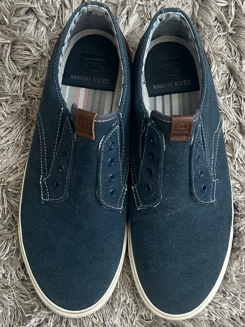 Ben Sherman Men's Slip-On Canvas Loafer in Navy with burgundy Accent